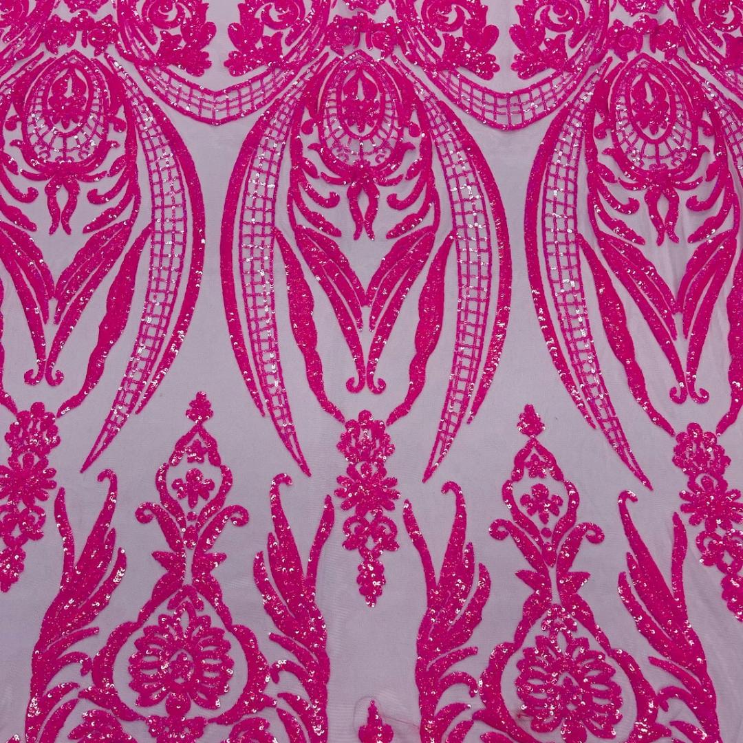 Neon Pink Iridescent - Marvelous Luxury Shiny Sequin 4-Way Stretch Mesh Fabric – Prom & Evening Dress Material By The Yard.