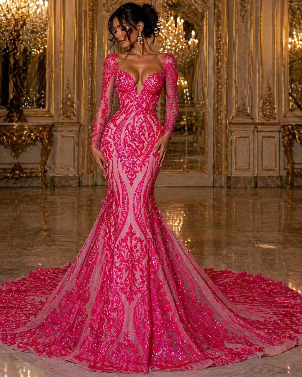 Neon Pink Iridescent - Marvelous Luxury Shiny Sequin 4-Way Stretch Mesh Fabric – Prom & Evening Dress Material By The Yard.