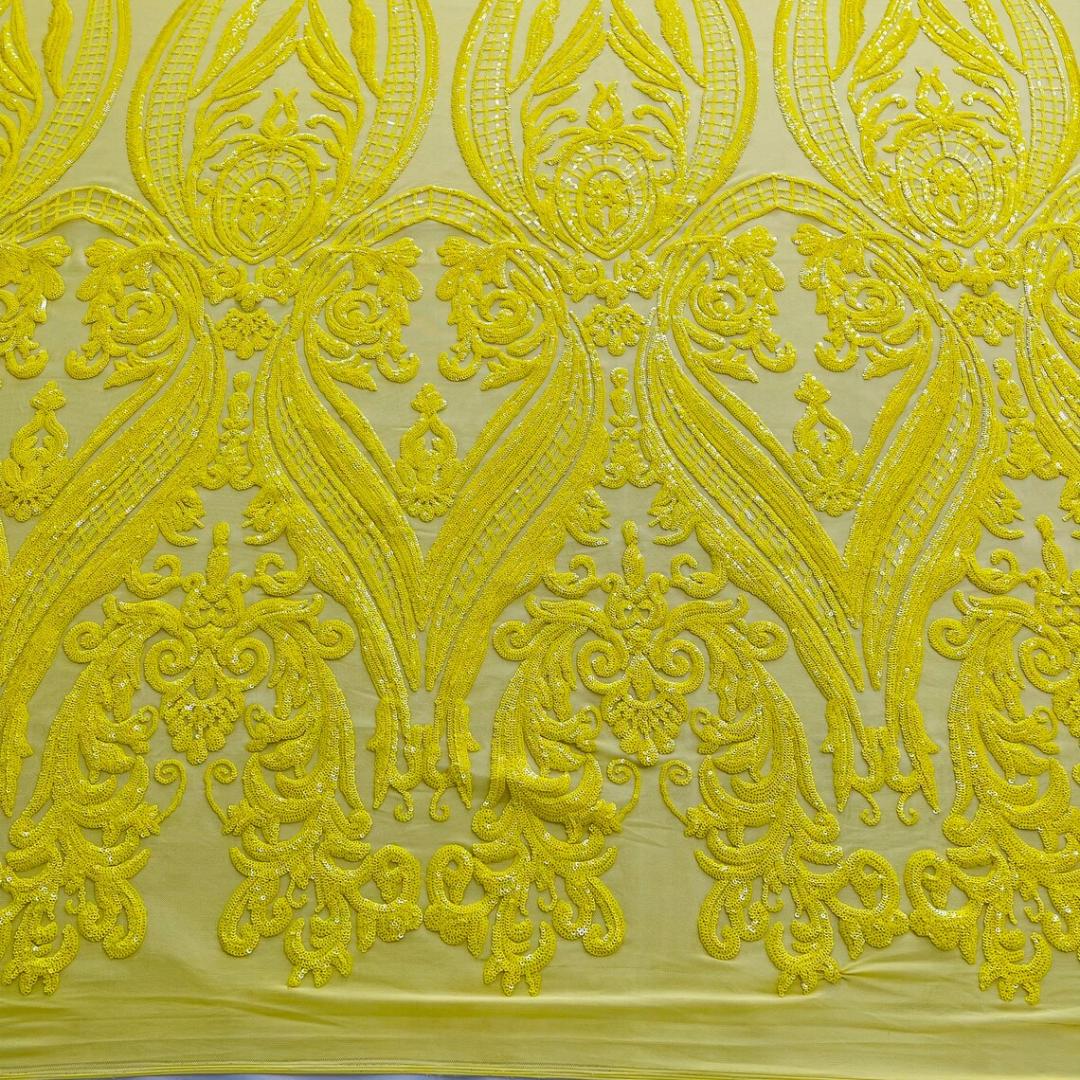 Bright Yellow - Marvelous Luxury Shiny Sequin 4-Way Stretch Mesh Fabric – Prom & Evening Dress Material By The Yard.
