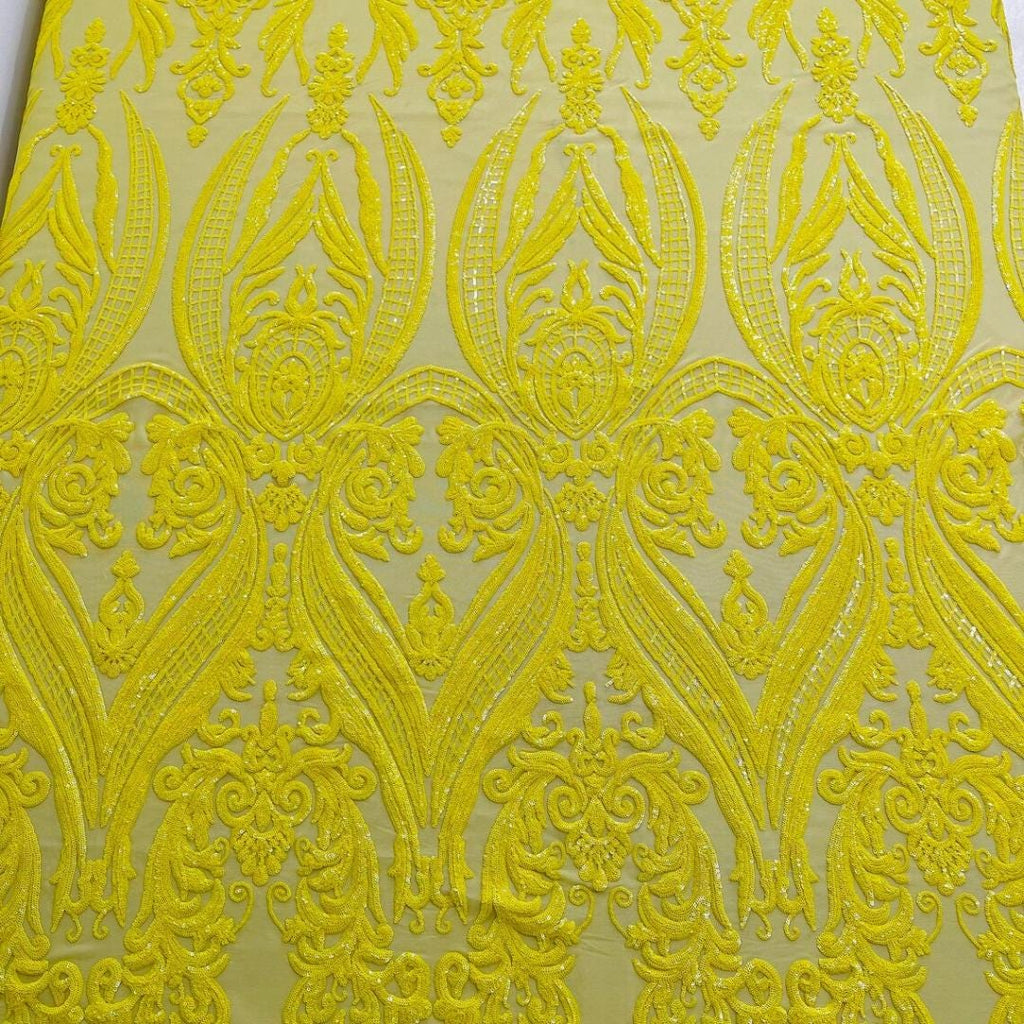 Bright Yellow - Marvelous Luxury Shiny Sequin 4-Way Stretch Mesh Fabric – Prom & Evening Dress Material By The Yard.