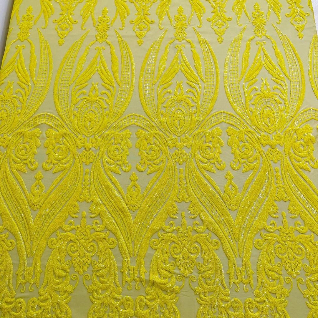 Bright Yellow - Marvelous Luxury Shiny Sequin 4-Way Stretch Mesh Fabric – Prom & Evening Dress Material By The Yard.