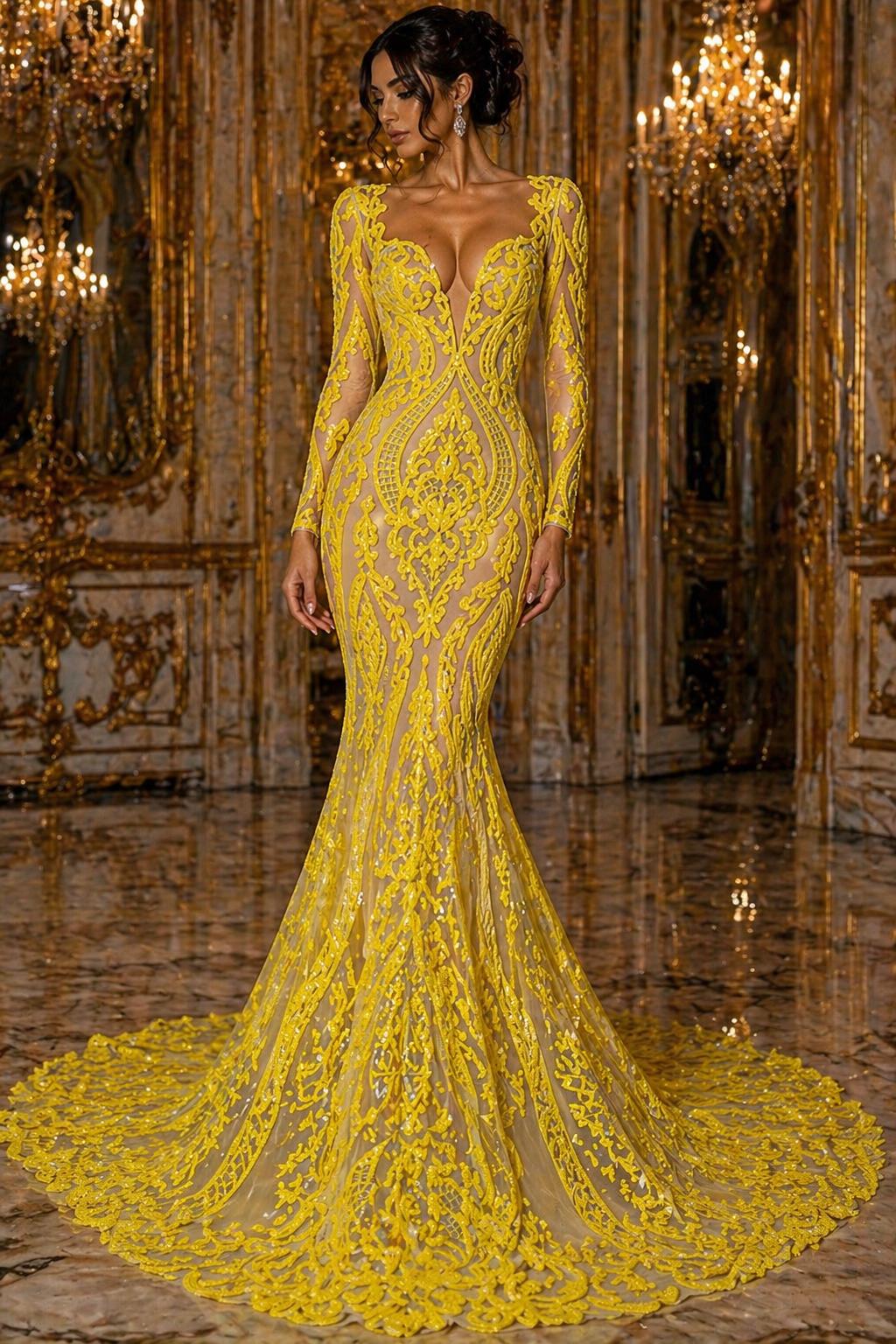 Bright Yellow - Marvelous Luxury Shiny Sequin 4-Way Stretch Mesh Fabric – Prom & Evening Dress Material By The Yard.