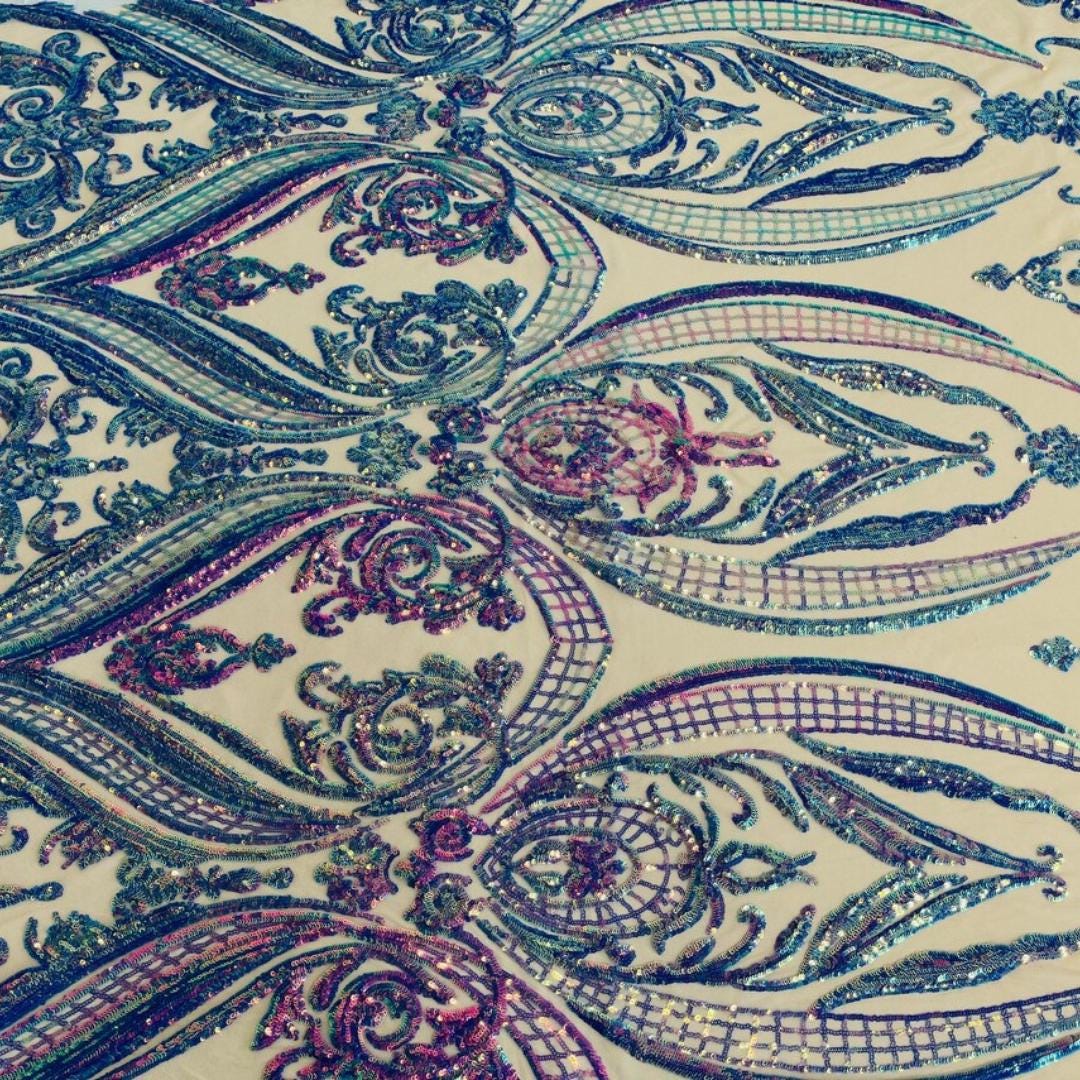 Purple/Lavender Iridescent - Marvelous Luxury Shiny Sequin 4-Way Stretch Mesh Fabric – Prom & Evening Dress Material By The Yard.