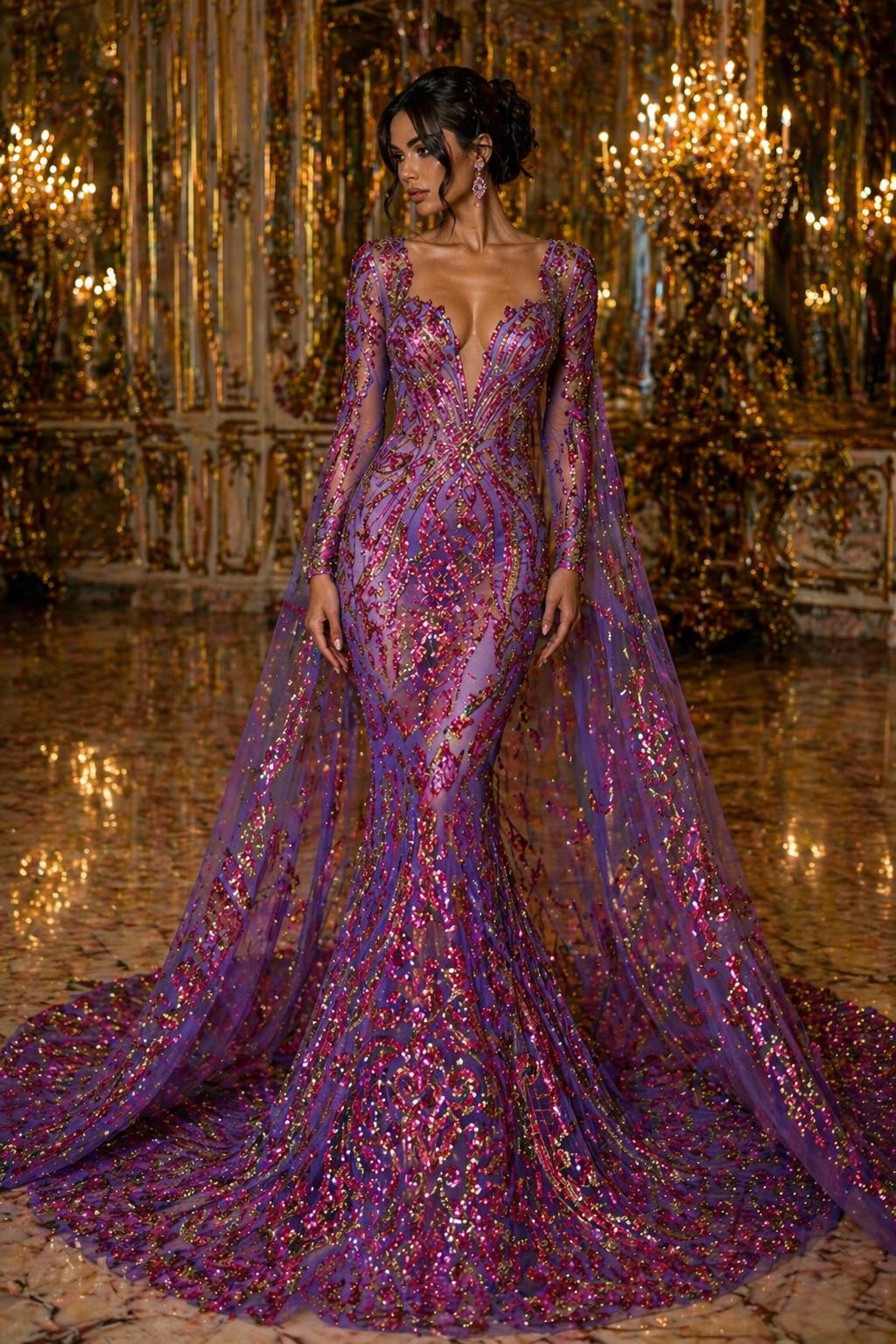 Purple Iridescent - Marvelous Luxury Shiny Sequin 4-Way Stretch Mesh Fabric – Prom & Evening Dress Material By The Yard.