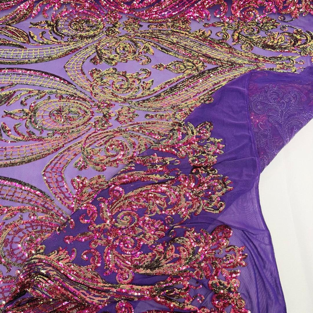 Purple Iridescent - Marvelous Luxury Shiny Sequin 4-Way Stretch Mesh Fabric – Prom & Evening Dress Material By The Yard.