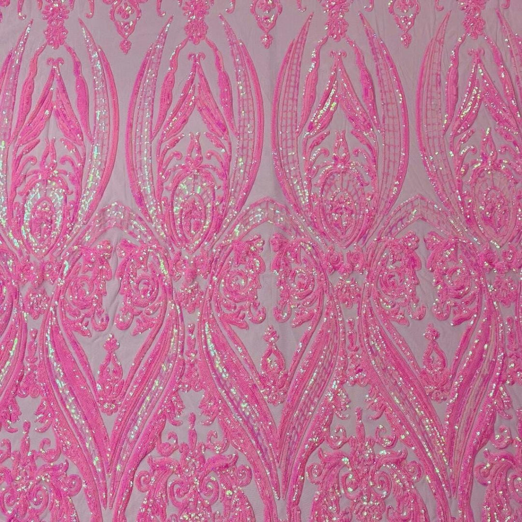 Candy Pink Iridescent - Marvelous Luxury Shiny Sequin 4-Way Stretch Mesh Fabric – Prom & Evening Dress Material By The Yard.