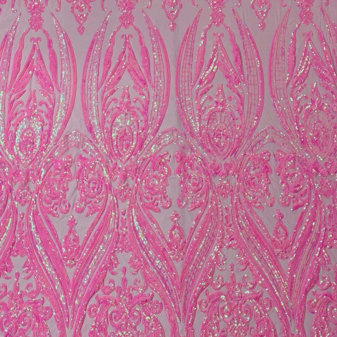 Candy Pink Iridescent - Marvelous Luxury Shiny Sequin 4-Way Stretch Mesh Fabric – Prom & Evening Dress Material By The Yard.