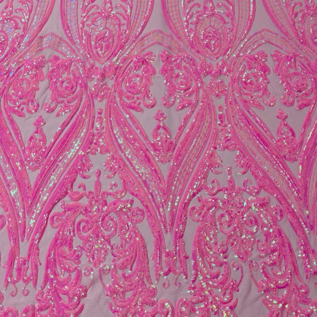Candy Pink Iridescent - Marvelous Luxury Shiny Sequin 4-Way Stretch Mesh Fabric – Prom & Evening Dress Material By The Yard.