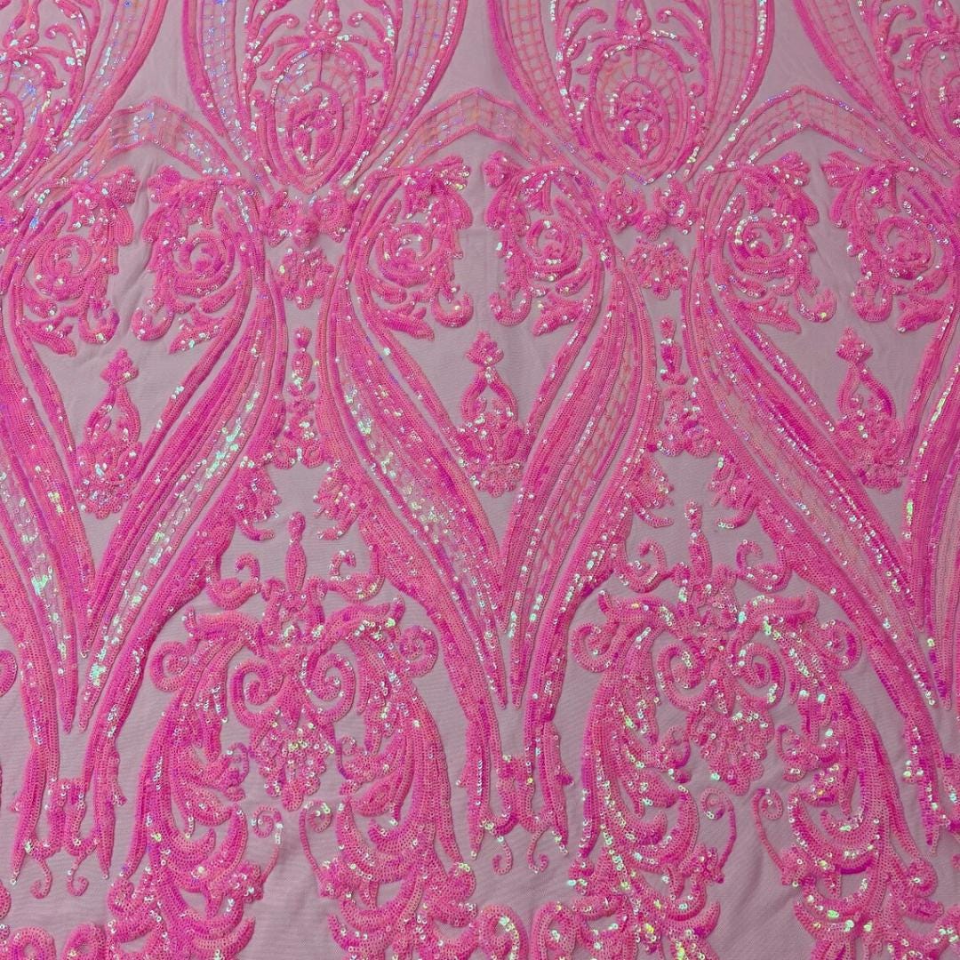 Candy Pink Iridescent - Marvelous Luxury Shiny Sequin 4-Way Stretch Mesh Fabric – Prom & Evening Dress Material By The Yard.