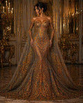 Orange/Gold Iridescent - Marvelous Luxury Shiny Sequin 4-Way Stretch Mesh Fabric – Prom & Evening Dress Material By The Yard.