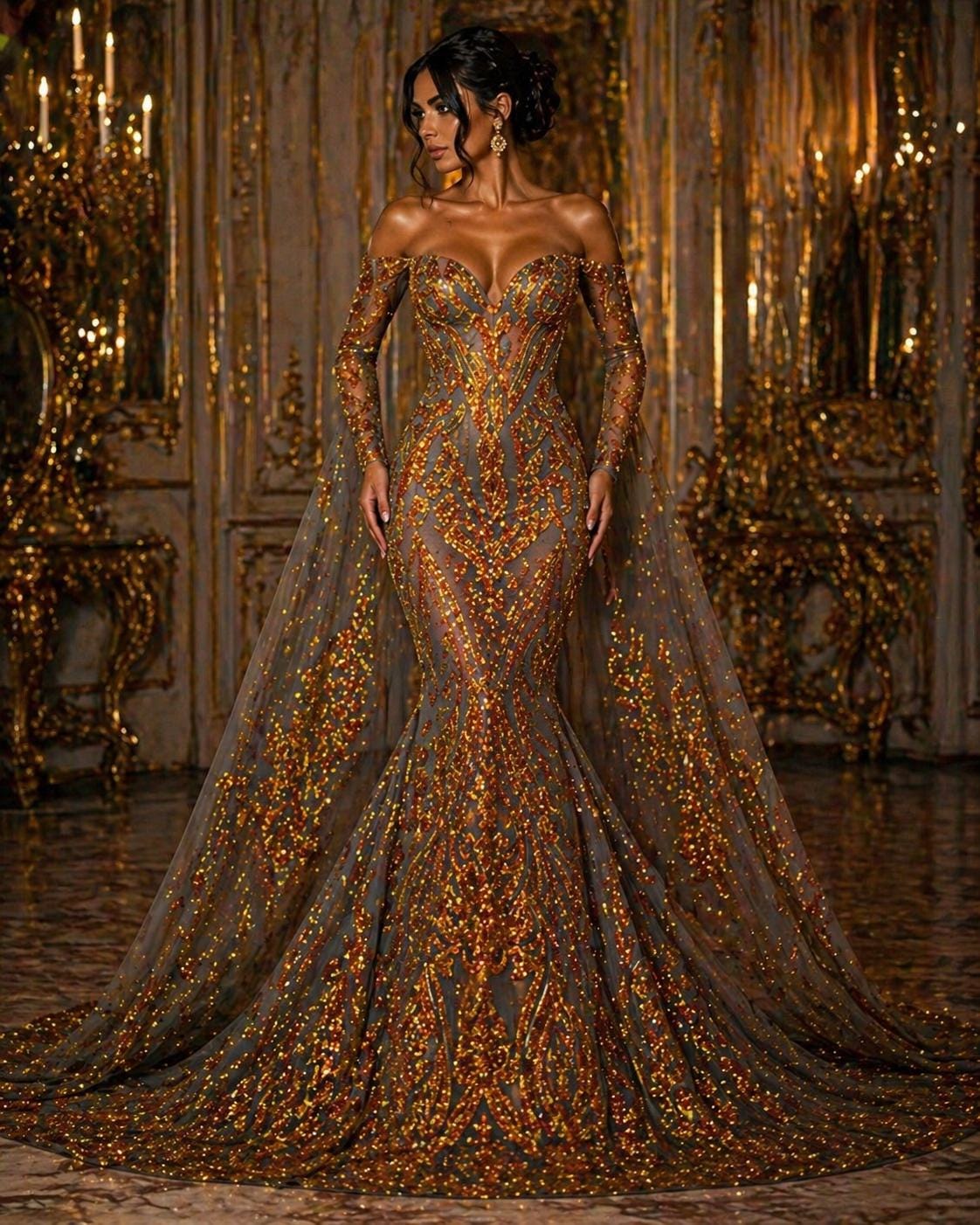 Orange/Gold Iridescent - Marvelous Luxury Shiny Sequin 4-Way Stretch Mesh Fabric – Prom & Evening Dress Material By The Yard.