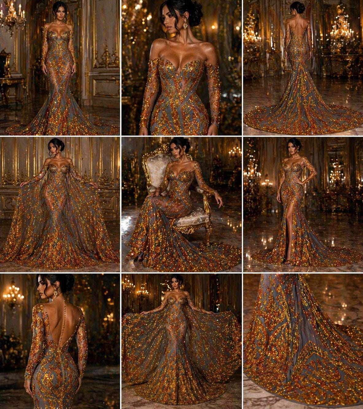 Orange/Gold Iridescent - Marvelous Luxury Shiny Sequin 4-Way Stretch Mesh Fabric – Prom & Evening Dress Material By The Yard.