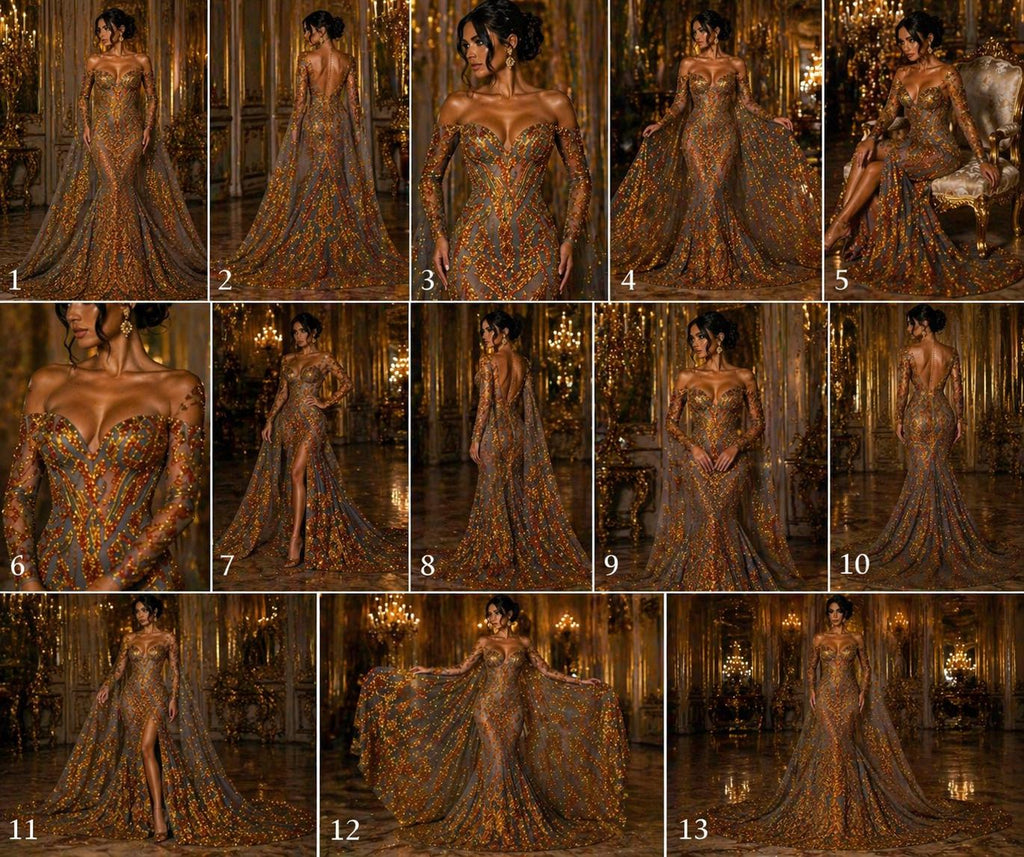 Orange/Gold Iridescent - Marvelous Luxury Shiny Sequin 4-Way Stretch Mesh Fabric – Prom & Evening Dress Material By The Yard.
