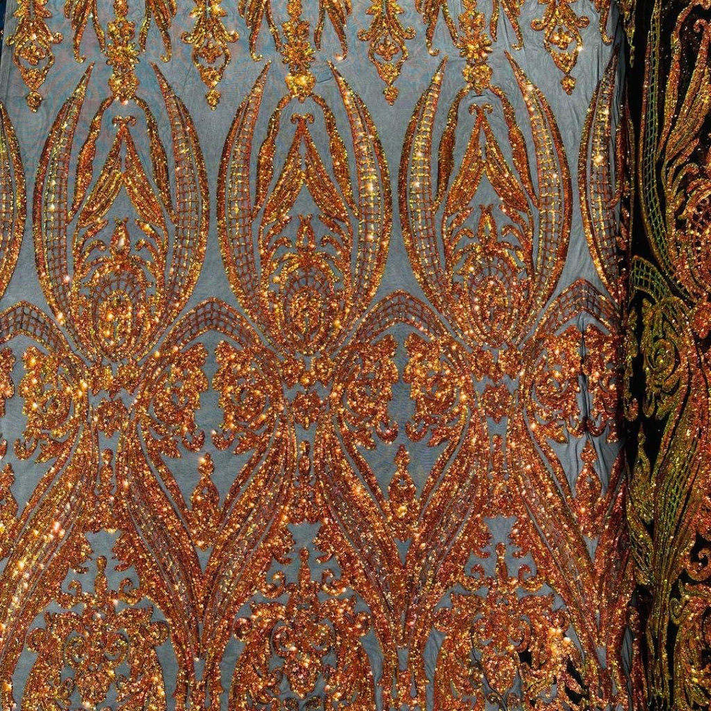 Orange/Gold Iridescent - Marvelous Luxury Shiny Sequin 4-Way Stretch Mesh Fabric – Prom & Evening Dress Material By The Yard.