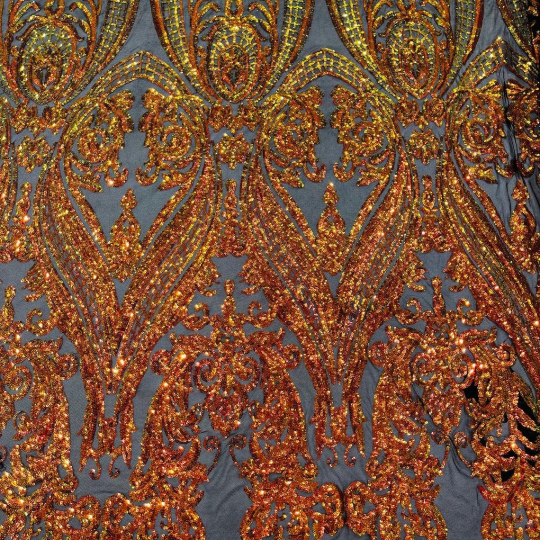 Orange/Gold Iridescent - Marvelous Luxury Shiny Sequin 4-Way Stretch Mesh Fabric – Prom & Evening Dress Material By The Yard.