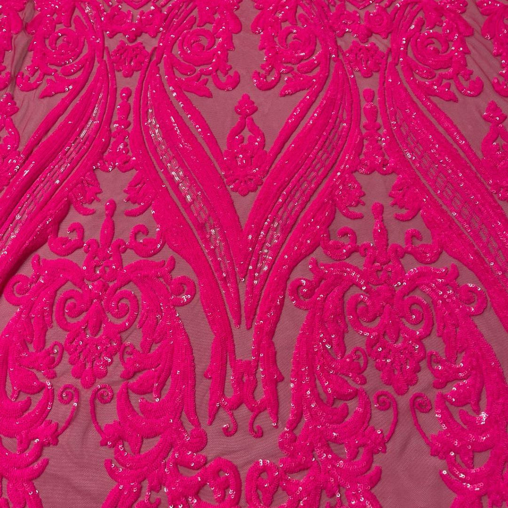 Hot Pink - Marvelous Luxury Shiny Sequin 4-Way Stretch Mesh Fabric – Prom & Evening Dress Material By The Yard.