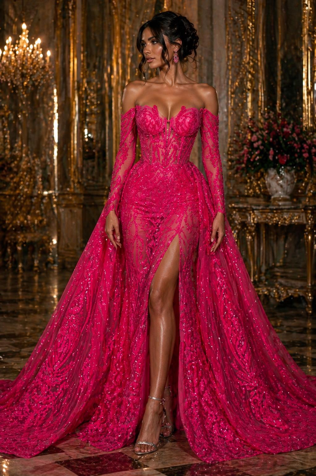 Hot Pink - Marvelous Luxury Shiny Sequin 4-Way Stretch Mesh Fabric – Prom & Evening Dress Material By The Yard.
