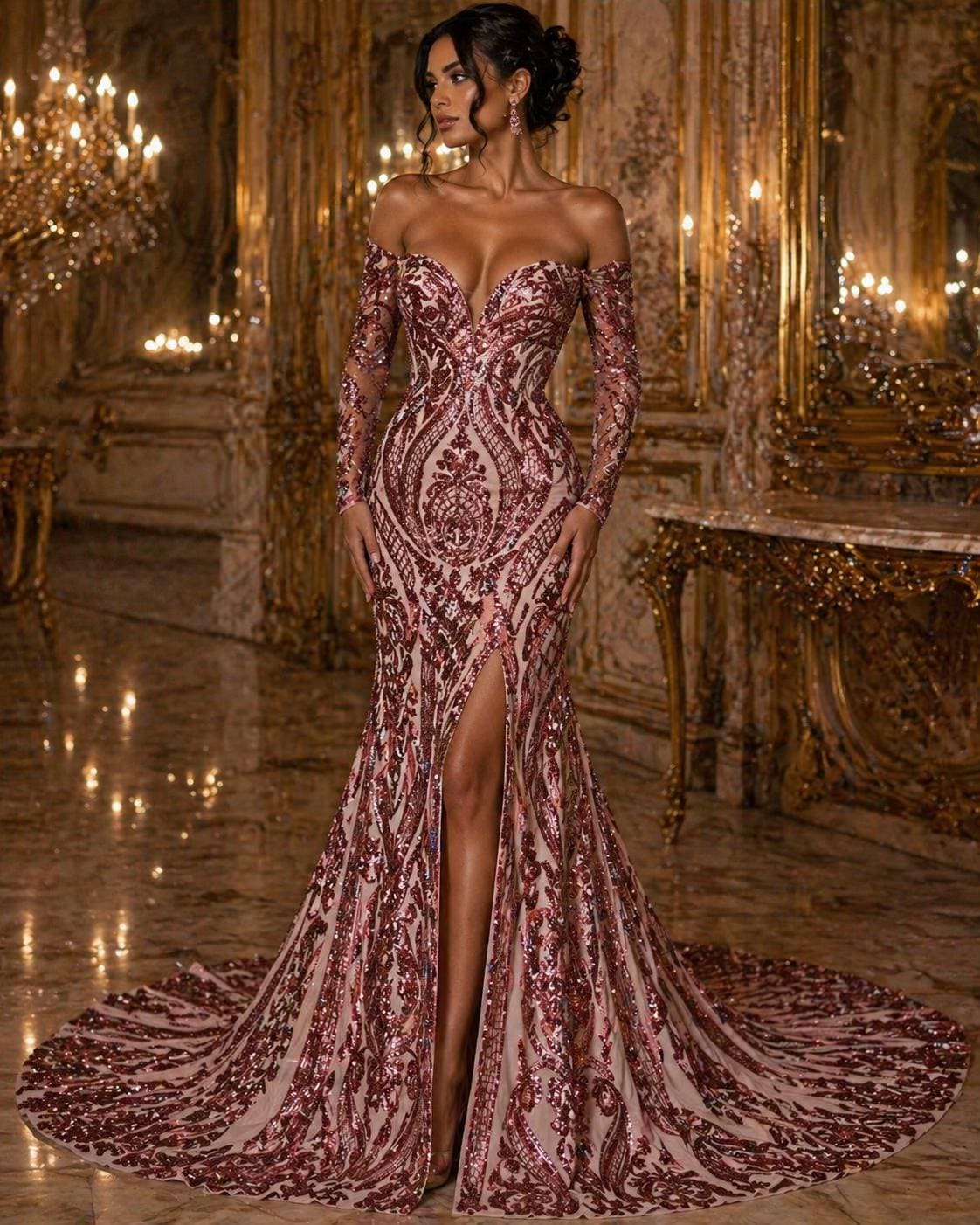 Dusty Rose - Marvelous Luxury Shiny Sequin 4-Way Stretch Mesh Fabric – Prom & Evening Dress Material By The Yard.