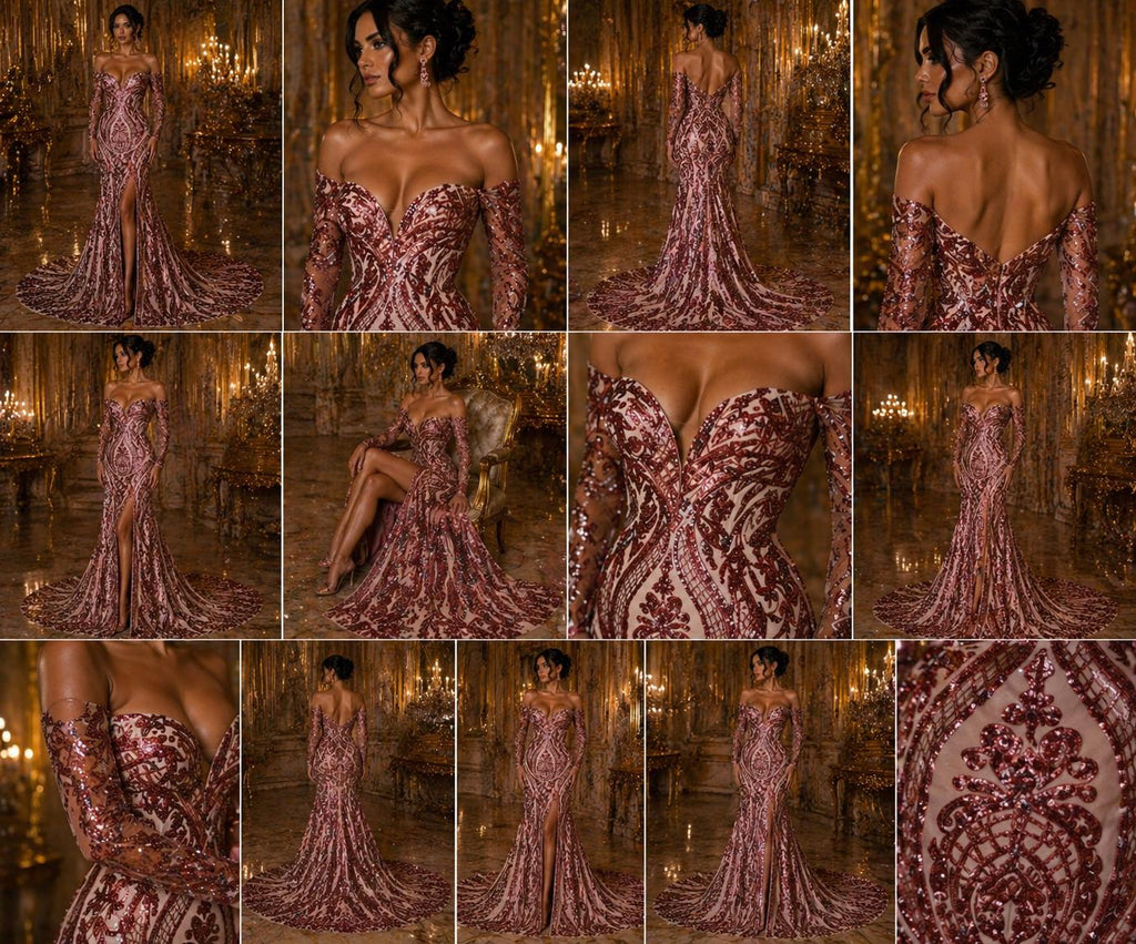 Dusty Rose - Marvelous Luxury Shiny Sequin 4-Way Stretch Mesh Fabric – Prom & Evening Dress Material By The Yard.