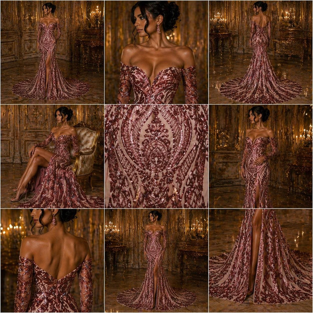 Dusty Rose - Marvelous Luxury Shiny Sequin 4-Way Stretch Mesh Fabric – Prom & Evening Dress Material By The Yard.