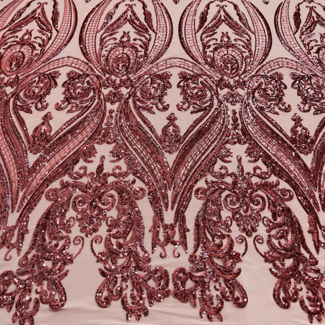 Dusty Rose - Marvelous Luxury Shiny Sequin 4-Way Stretch Mesh Fabric – Prom & Evening Dress Material By The Yard.