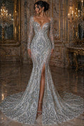Silver - Marvelous Luxury Shiny Sequin 4-Way Stretch  Mesh Fabric – Prom & Evening Dress Material By The Yard.