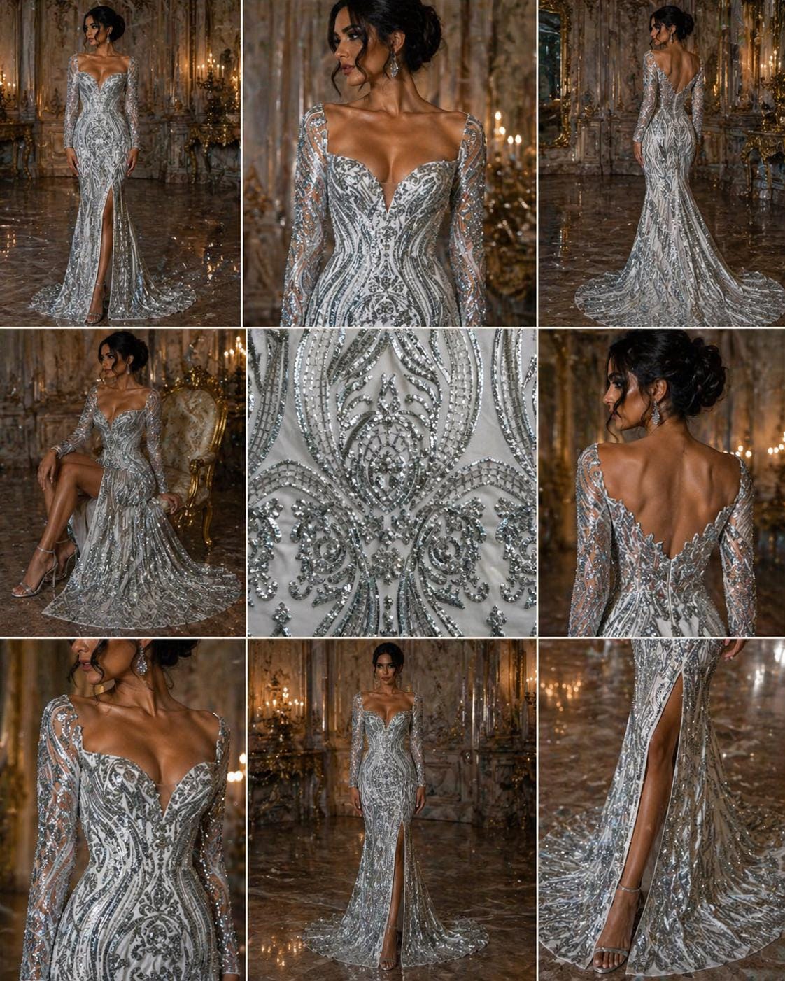 Silver - Marvelous Luxury Shiny Sequin 4-Way Stretch  Mesh Fabric – Prom & Evening Dress Material By The Yard.