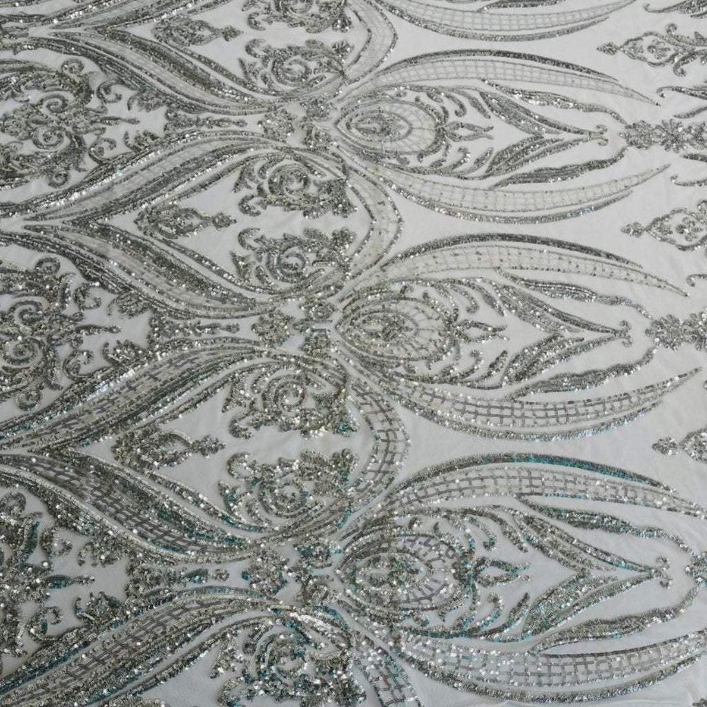 Silver - Marvelous Luxury Shiny Sequin 4-Way Stretch  Mesh Fabric – Prom & Evening Dress Material By The Yard.