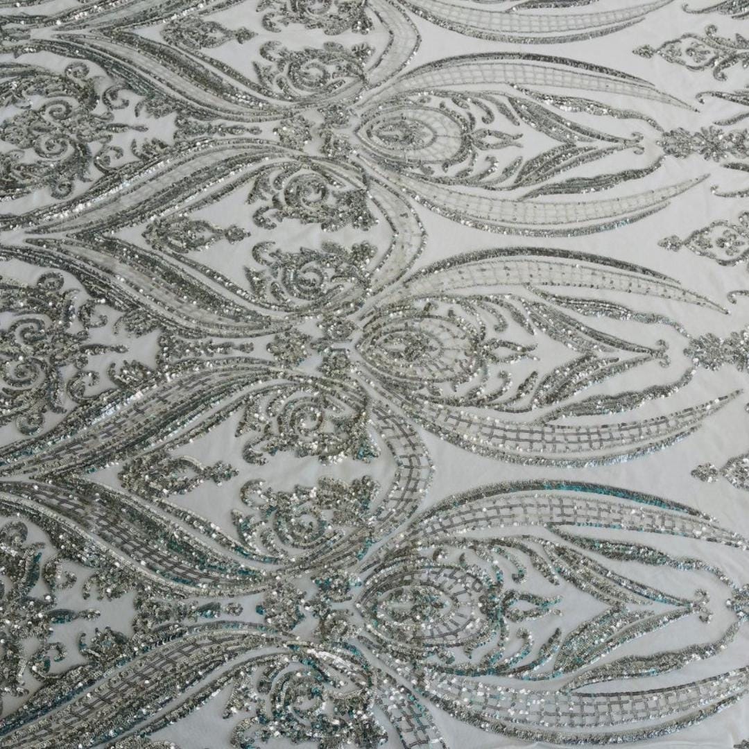 Silver - Marvelous Luxury Shiny Sequin 4-Way Stretch  Mesh Fabric – Prom & Evening Dress Material By The Yard.