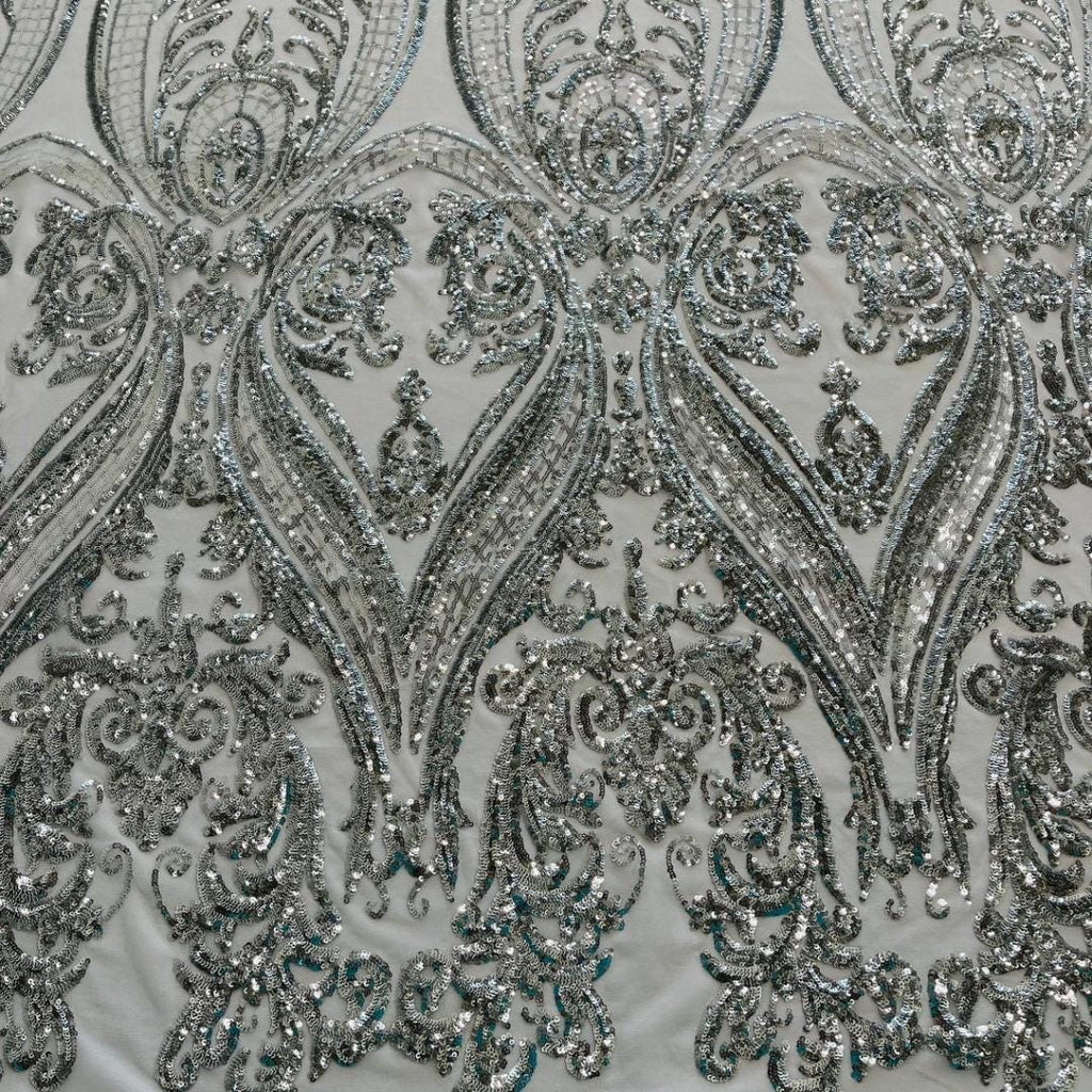 Silver - Marvelous Luxury Shiny Sequin 4-Way Stretch  Mesh Fabric – Prom & Evening Dress Material By The Yard.