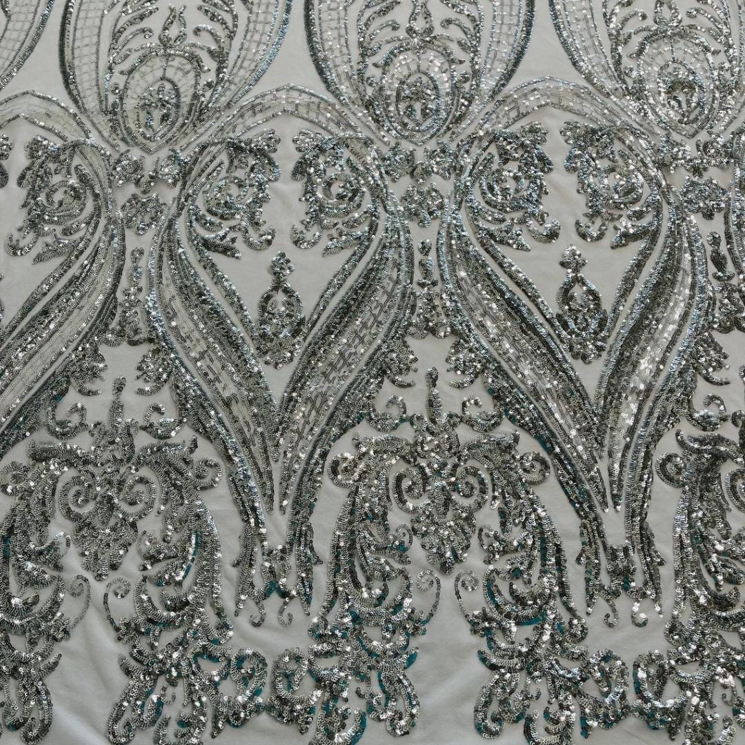 Silver - Marvelous Luxury Shiny Sequin 4-Way Stretch  Mesh Fabric – Prom & Evening Dress Material By The Yard.