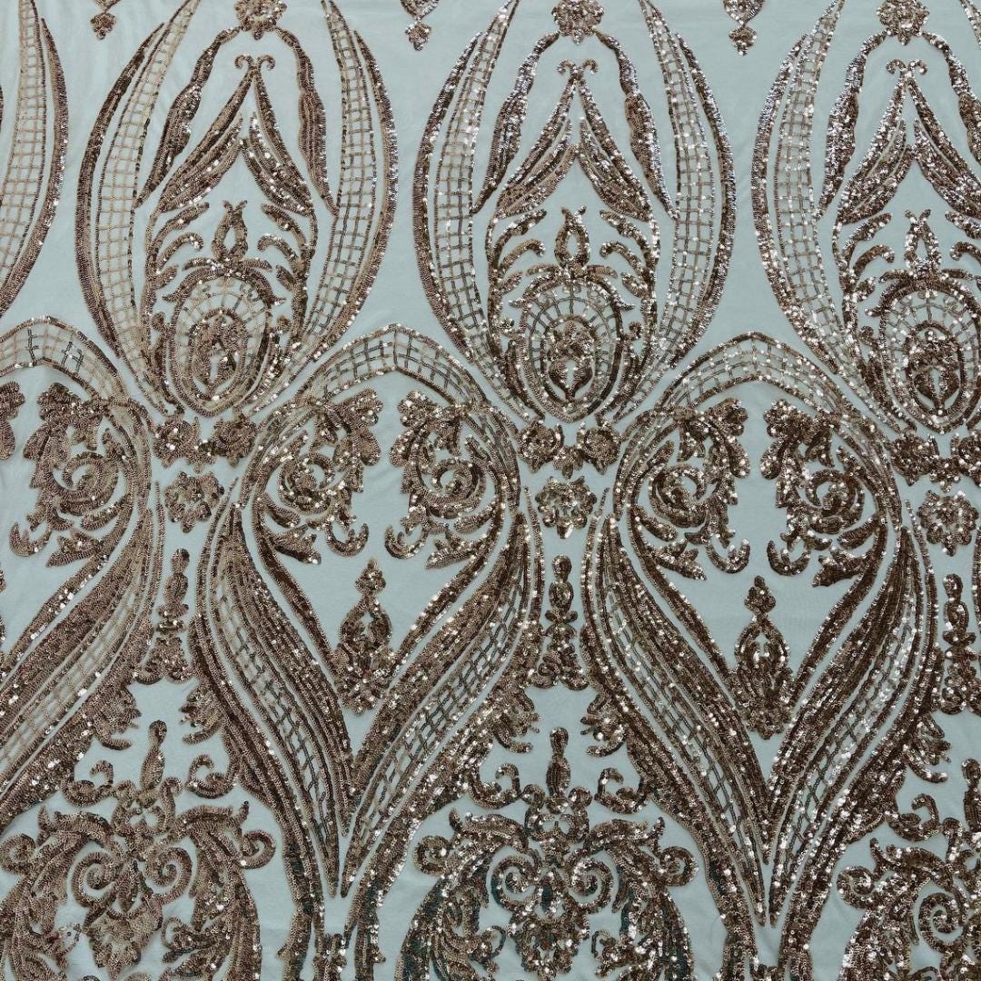 Champagne - Marvelous Luxury Shiny Sequin 4-Way Stretch Mesh Fabric – Prom & Evening Dress Material By The Yard.