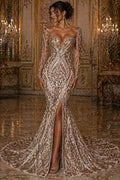 Champagne - Marvelous Luxury Shiny Sequin 4-Way Stretch Mesh Fabric – Prom & Evening Dress Material By The Yard.