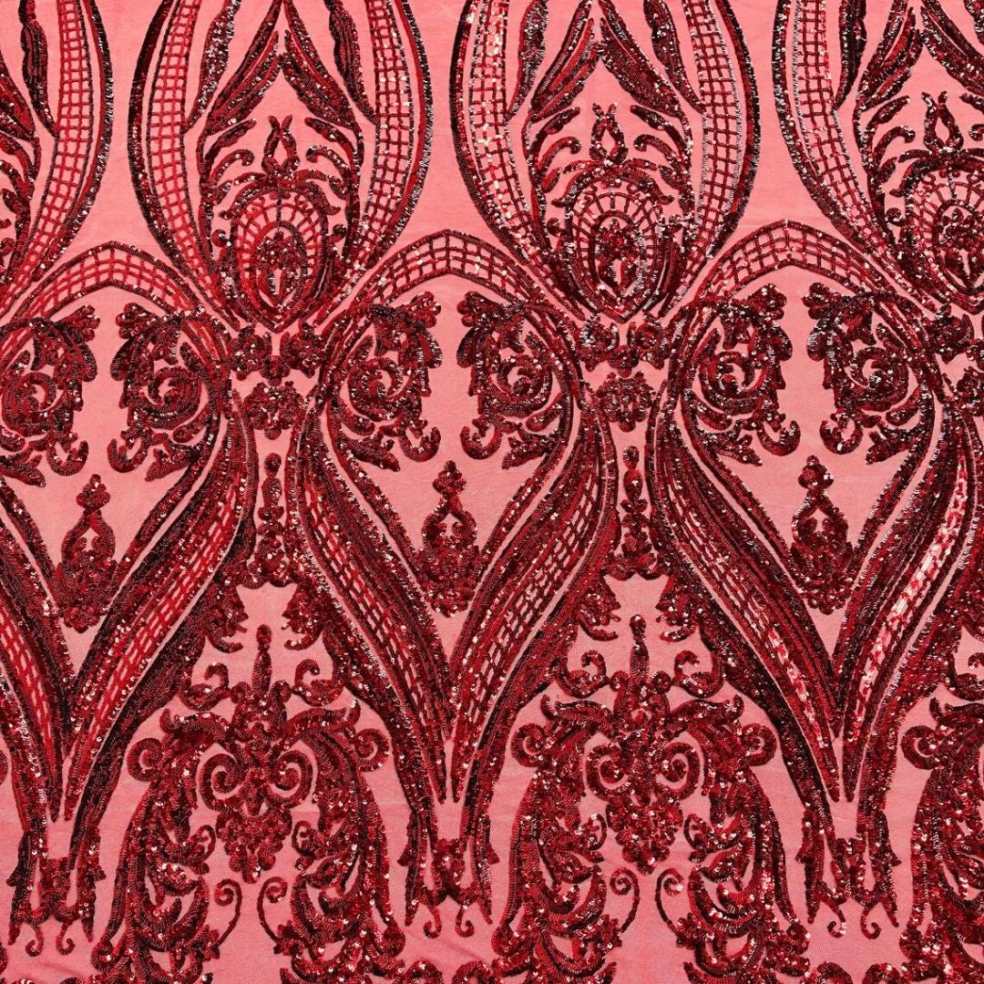 Burgundy - Marvelous Luxury Shiny Sequin 4-Way Stretch Mesh Fabric – Prom & Evening Dress Material By The Yard.