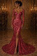 Burgundy - Marvelous Luxury Shiny Sequin 4-Way Stretch Mesh Fabric – Prom & Evening Dress Material By The Yard.