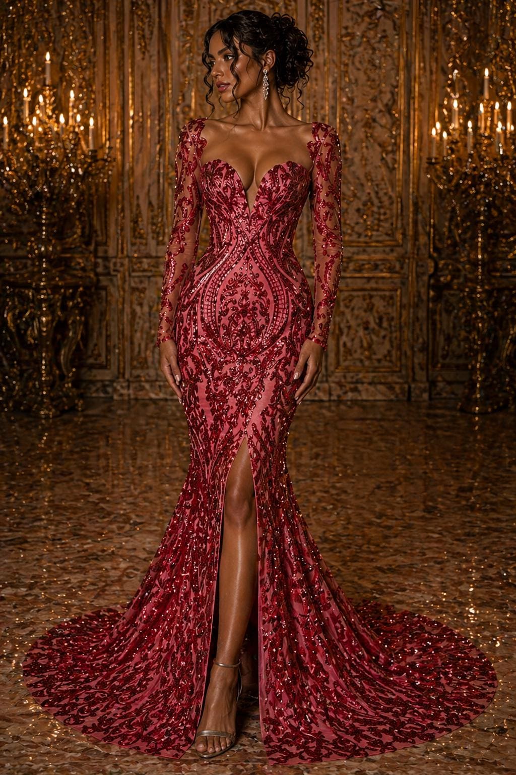 Burgundy - Marvelous Luxury Shiny Sequin 4-Way Stretch Mesh Fabric – Prom & Evening Dress Material By The Yard.