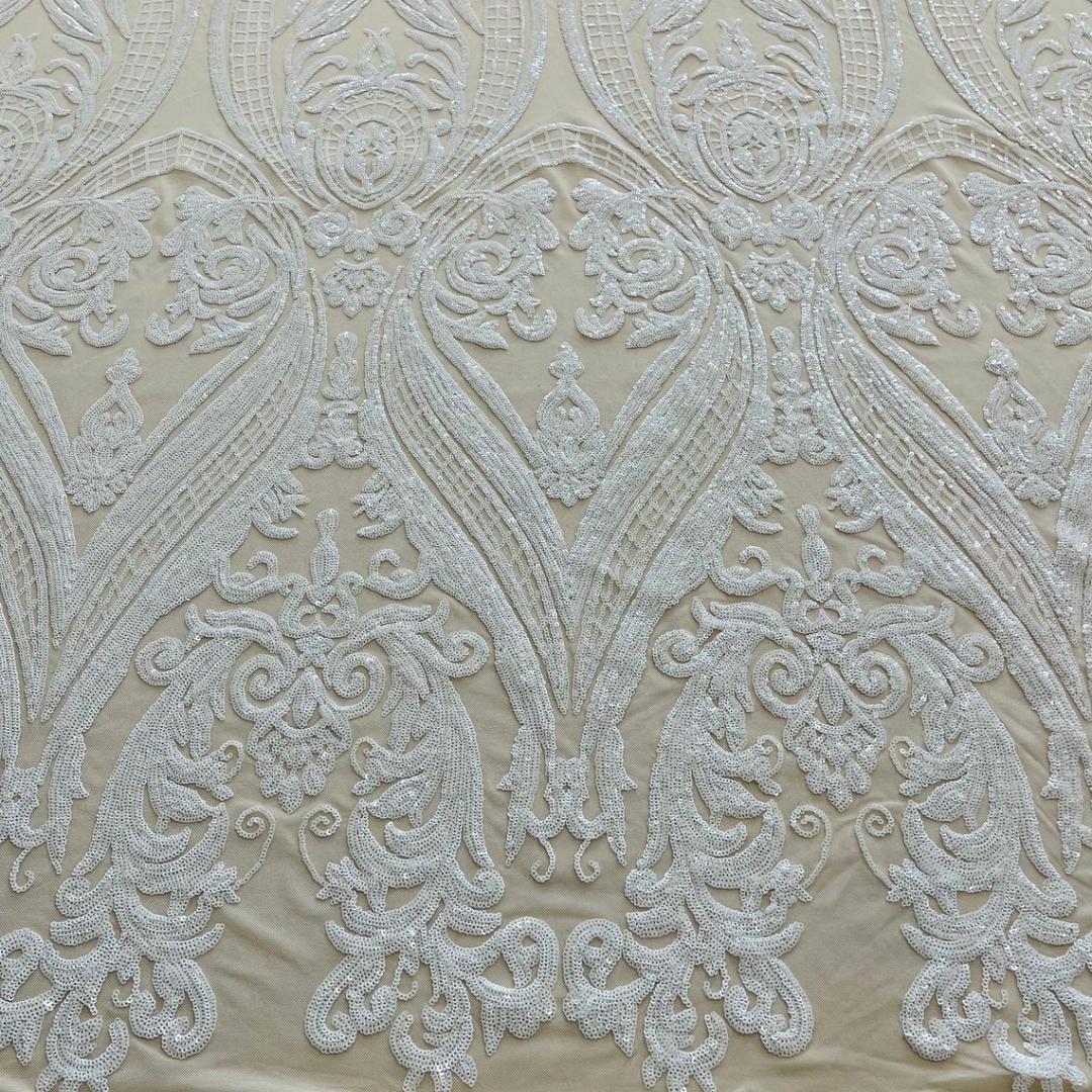 White/Nude - Marvelous Luxury Shiny Sequin 4-Way Stretch Mesh Fabric – Prom & Evening Dress Material By The Yard.