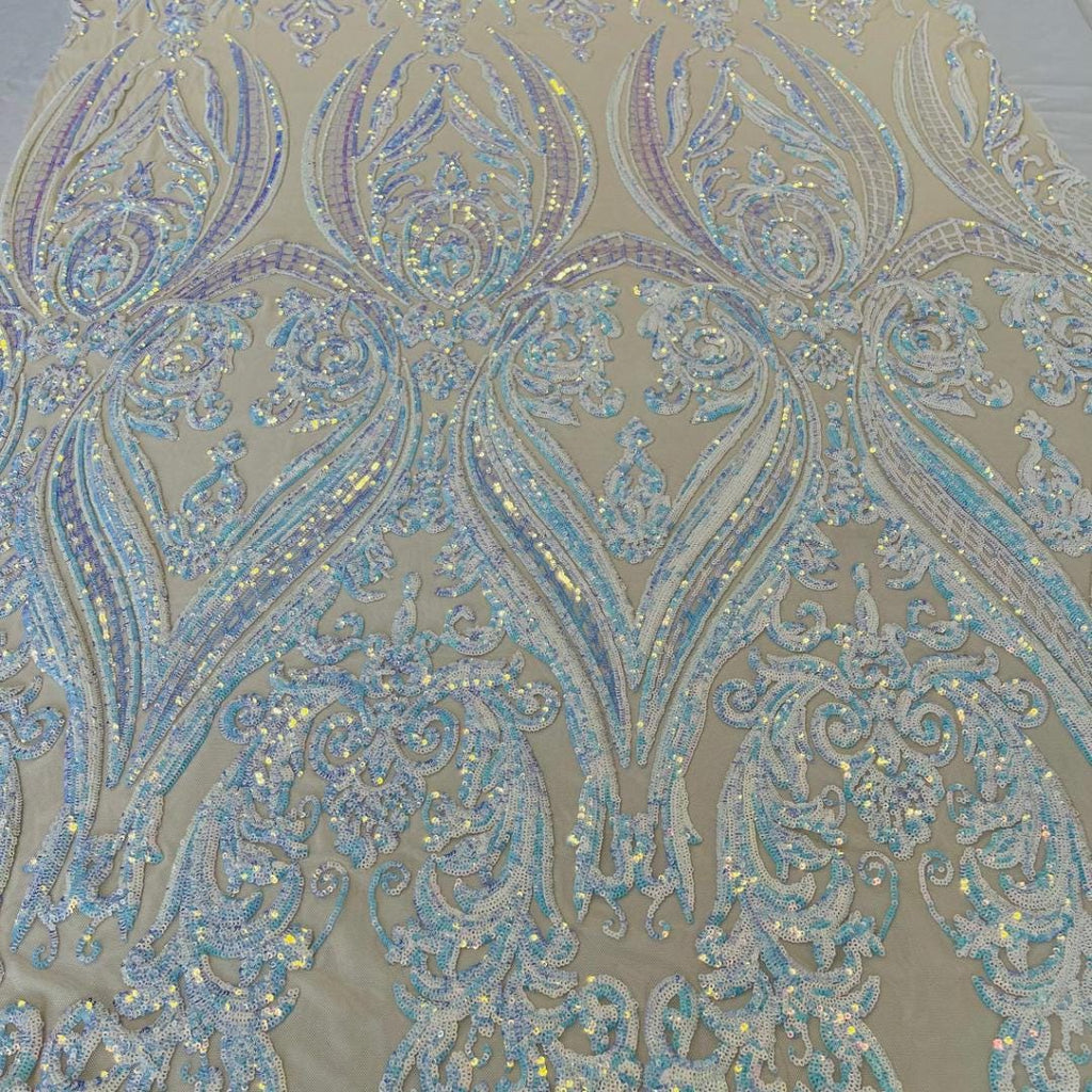 Unicorn Aqua Iridescent - Marvelous Luxury Shiny Sequin 4-Way Stretch Orange Mesh Fabric – Prom & Evening Dress Material By The Yard.