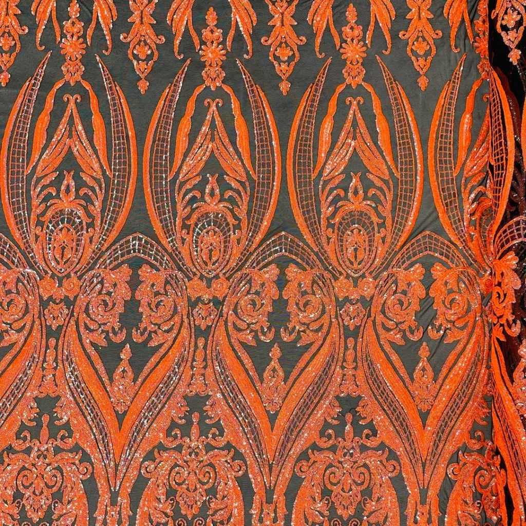Neon Orange Iridescent - Marvelous Luxury Shiny Sequin 4-Way Stretch Mesh Fabric – Prom & Evening Dress Material By The Yard.