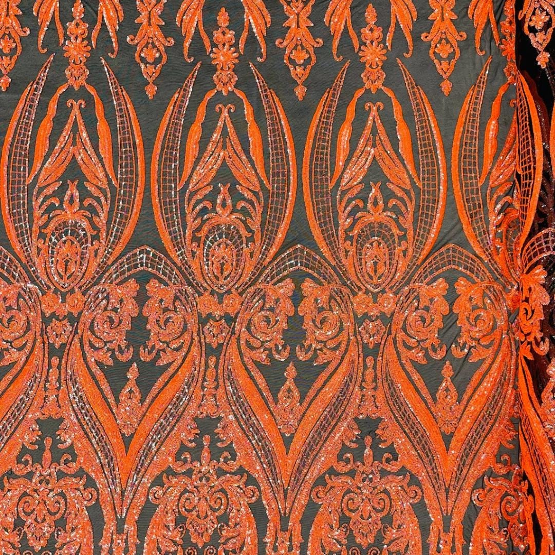 Neon Orange Iridescent - Marvelous Luxury Shiny Sequin 4-Way Stretch Mesh Fabric – Prom & Evening Dress Material By The Yard.