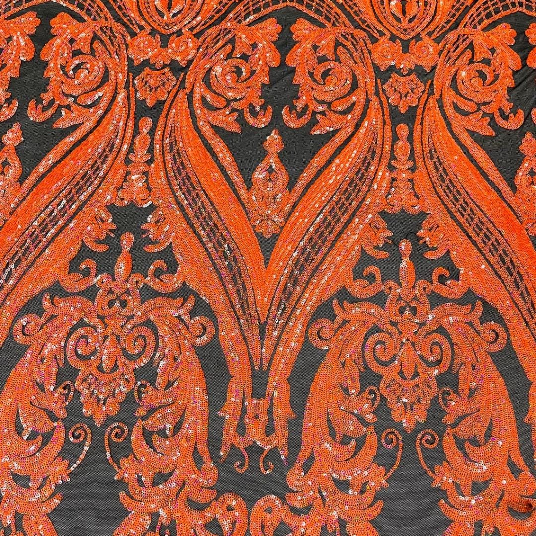 Neon Orange Iridescent - Marvelous Luxury Shiny Sequin 4-Way Stretch Mesh Fabric – Prom & Evening Dress Material By The Yard.