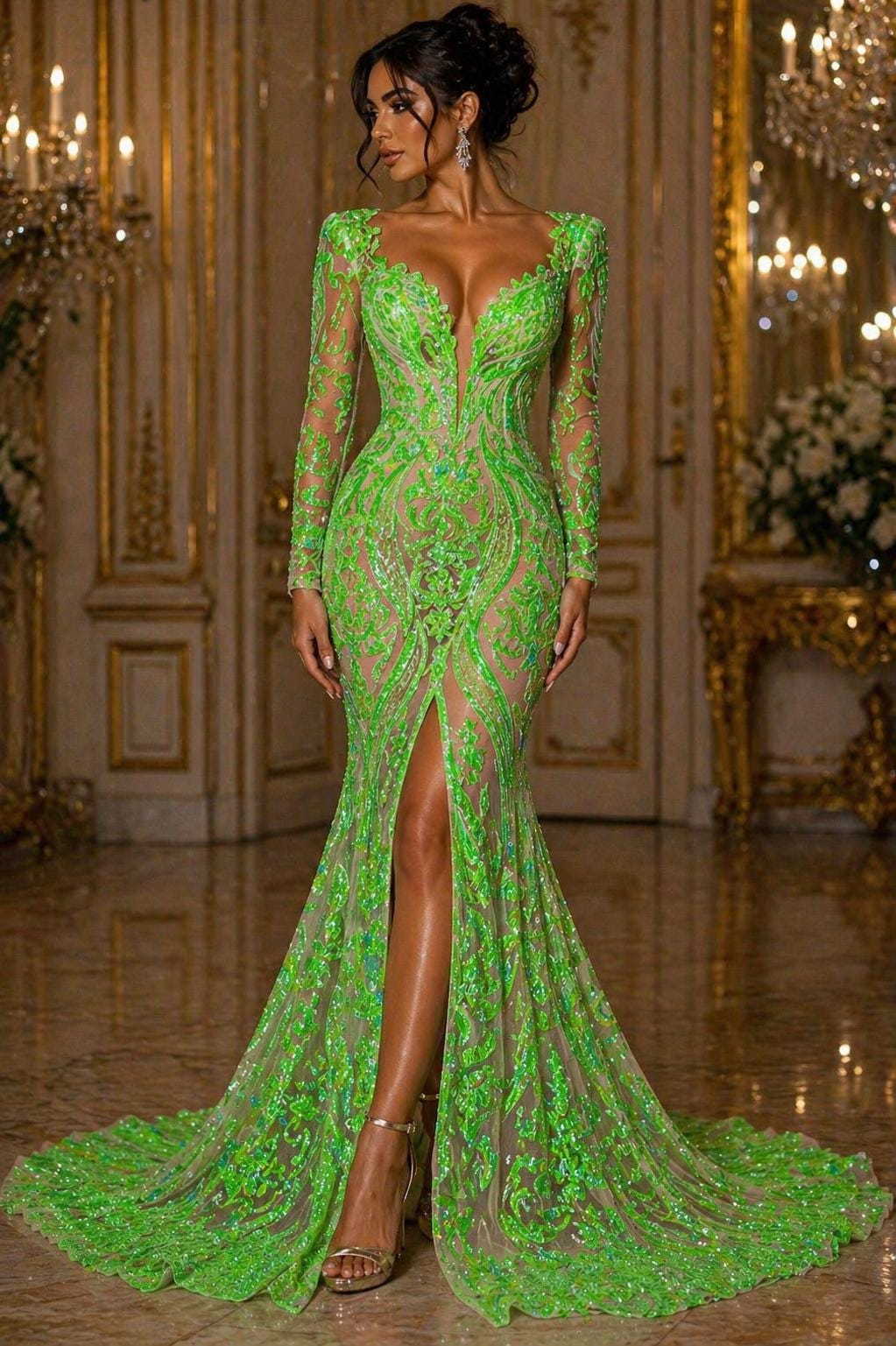 Neon Green Iridescent - Marvelous Luxury Shiny Sequin 4-Way Stretch Mesh Fabric – Prom & Evening Dress Material By The Yard.