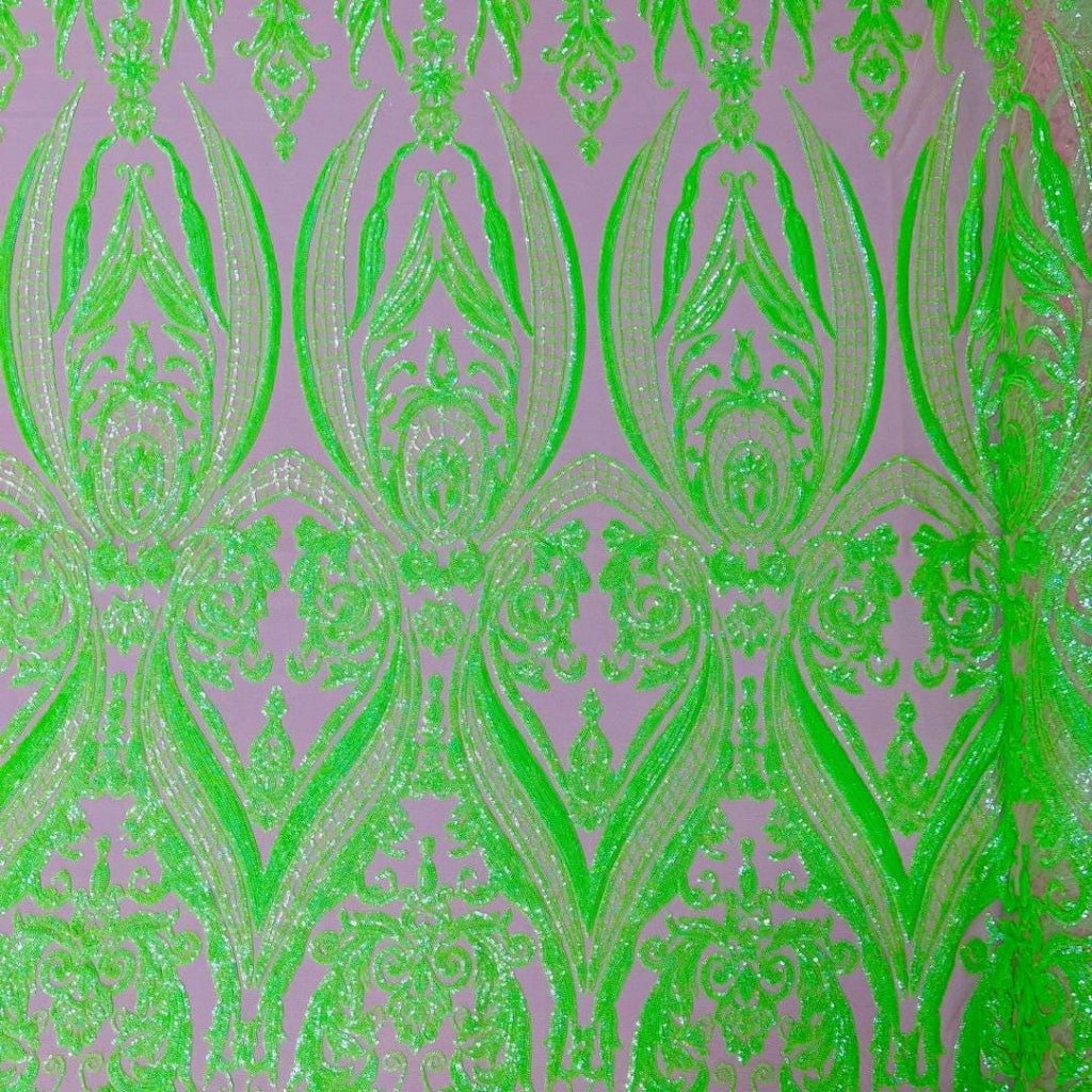 Neon Green Iridescent - Marvelous Luxury Shiny Sequin 4-Way Stretch Mesh Fabric – Prom & Evening Dress Material By The Yard.