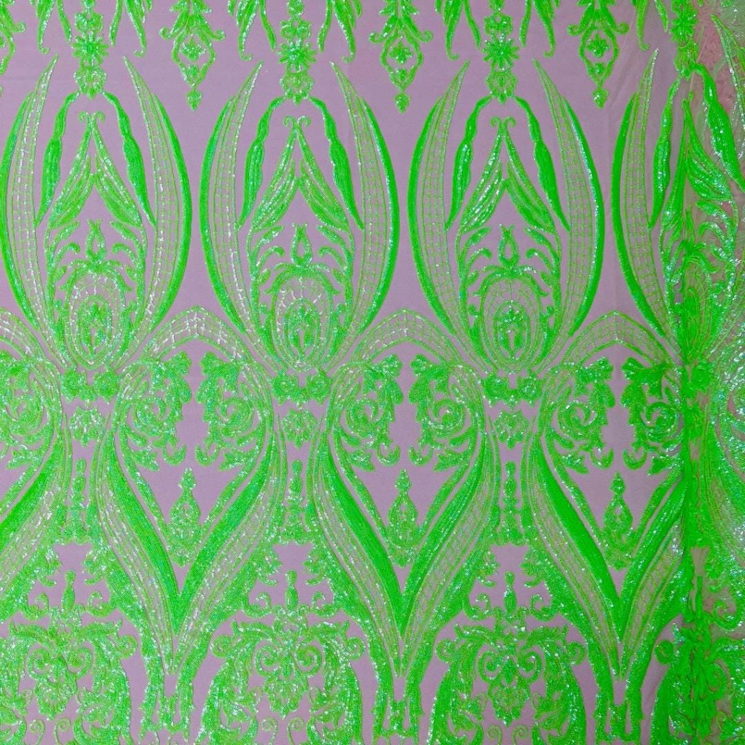 Neon Green Iridescent - Marvelous Luxury Shiny Sequin 4-Way Stretch Mesh Fabric – Prom & Evening Dress Material By The Yard.