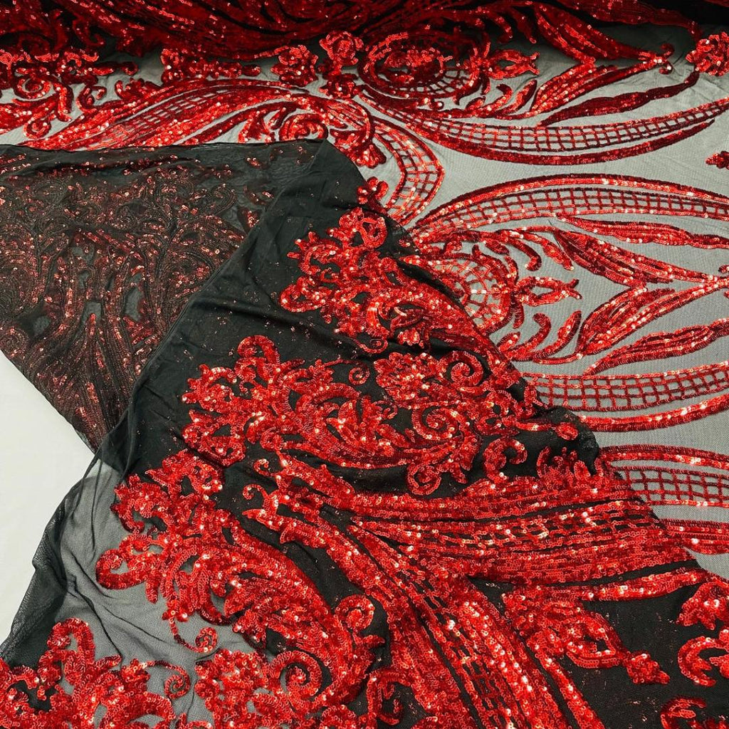 Red/Black - Marvelous Luxury Shiny Sequin 4-Way Stretch Mesh Fabric – Prom & Evening Dress Material By The Yard.