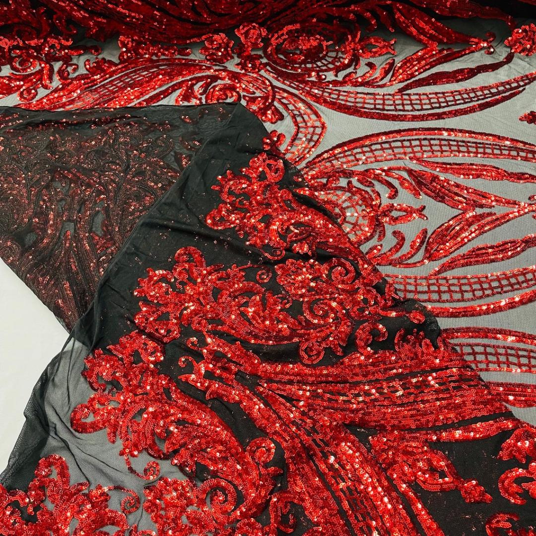 Red/Black - Marvelous Luxury Shiny Sequin 4-Way Stretch Mesh Fabric – Prom & Evening Dress Material By The Yard.
