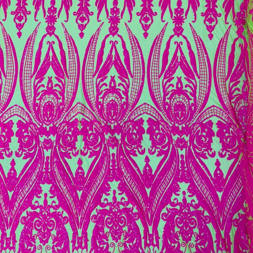 Hot Pink/Neon Green - Marvelous Luxury Shiny Sequin 4-Way Stretch Mesh Fabric – Prom & Evening Dress Material By The Yard.