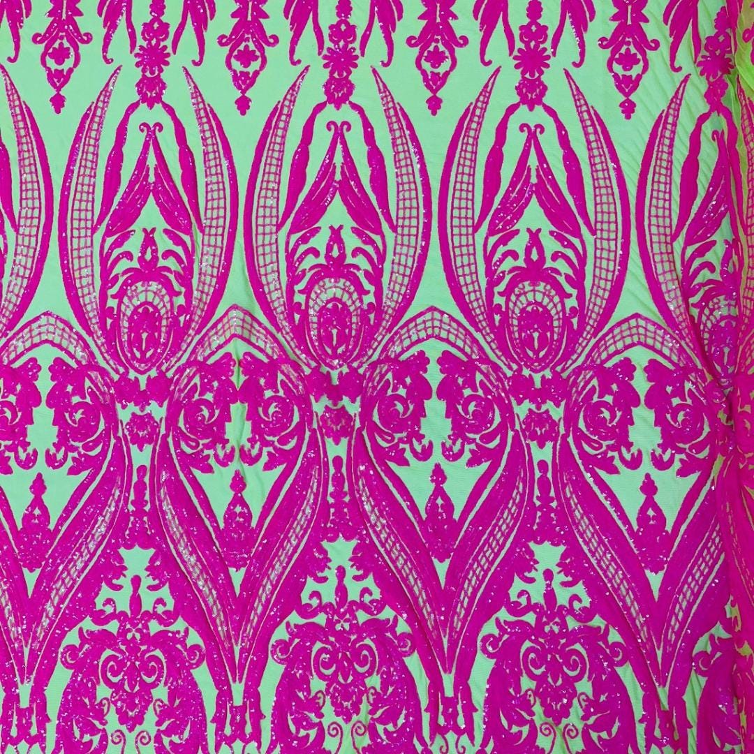 Hot Pink/Neon Green - Marvelous Luxury Shiny Sequin 4-Way Stretch Mesh Fabric – Prom & Evening Dress Material By The Yard.
