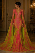 Hot Pink/Neon Green - Marvelous Luxury Shiny Sequin 4-Way Stretch Mesh Fabric – Prom & Evening Dress Material By The Yard.