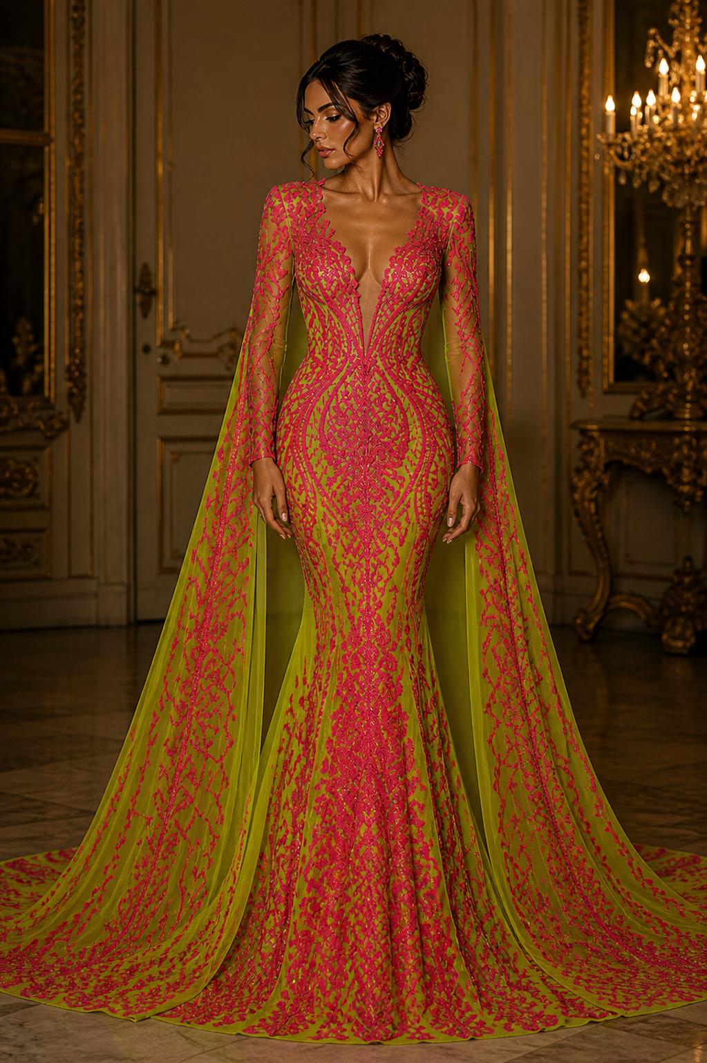 Hot Pink/Neon Green - Marvelous Luxury Shiny Sequin 4-Way Stretch Mesh Fabric – Prom & Evening Dress Material By The Yard.